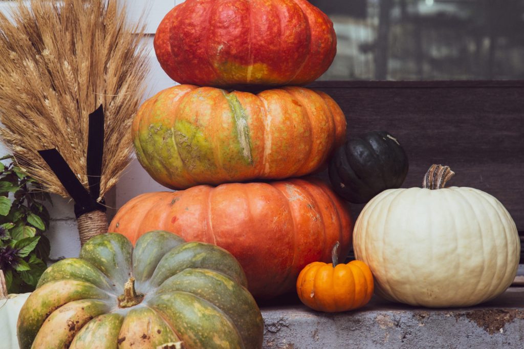 various colors of gourds on a front porch