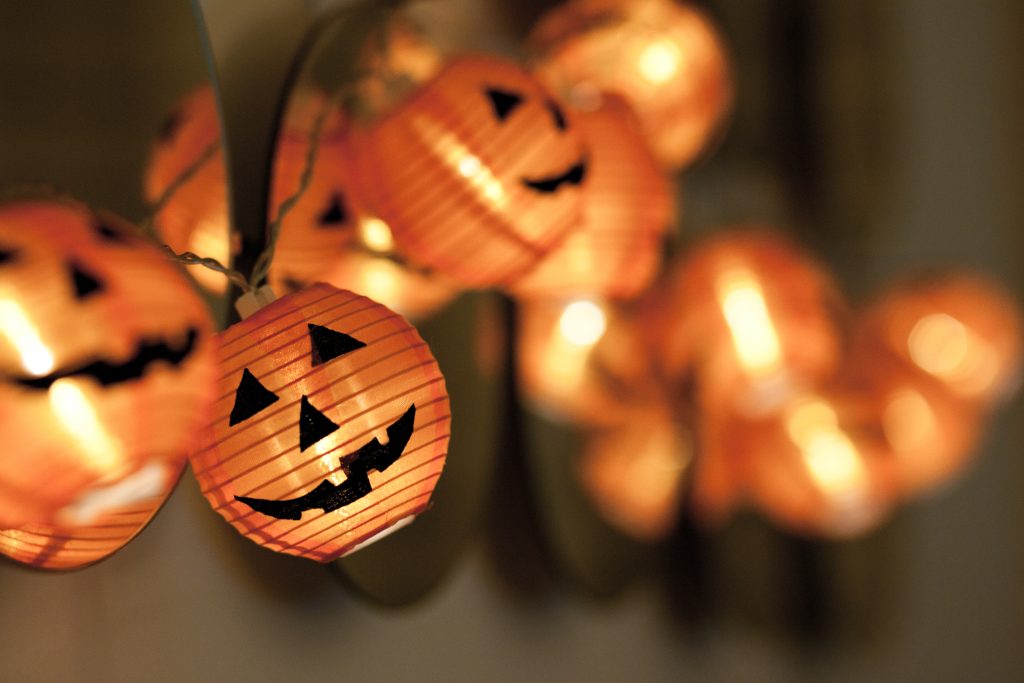 close up of pumpkin lantern string lights