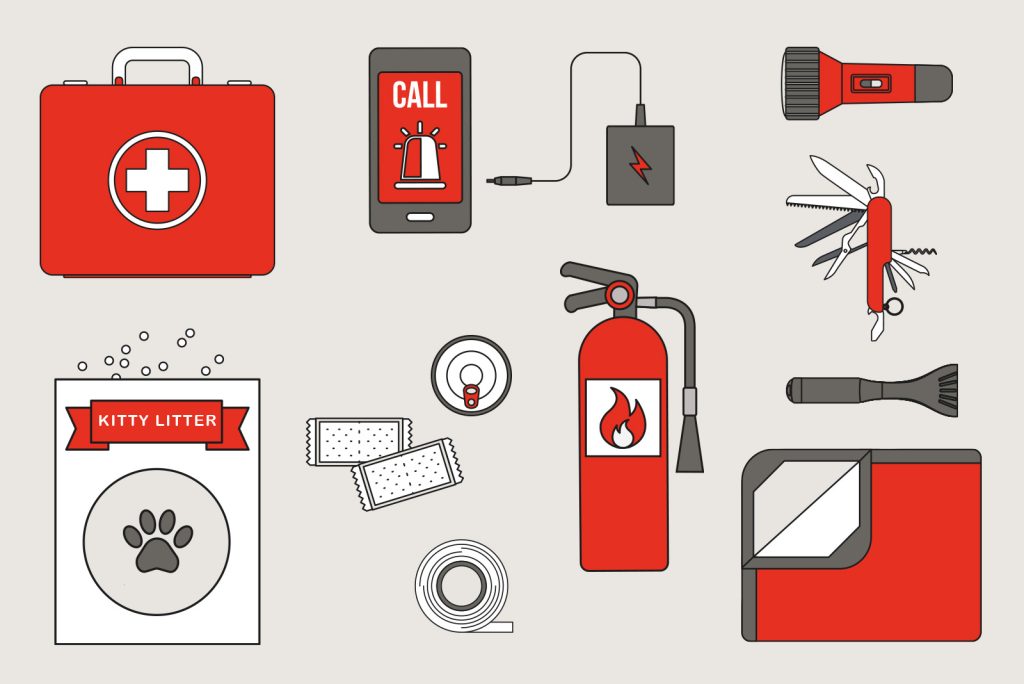 illustration of essential traveling kit; includes first aid kit, cell phone, phone charger, flashlight, pocket knife, ice scraper, blanket, fire extinguisher, food, tape, kitty litter