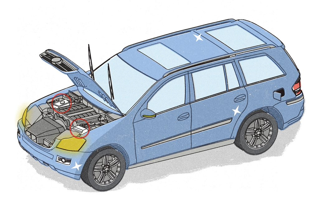 illustration of blue SUV with the hood popped up