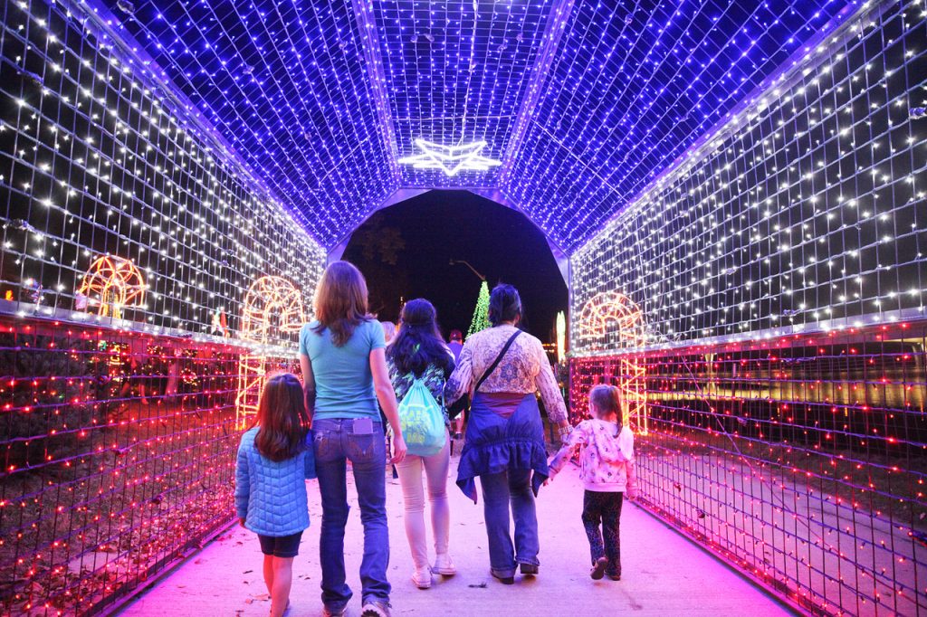 People walking through a holiday light display.