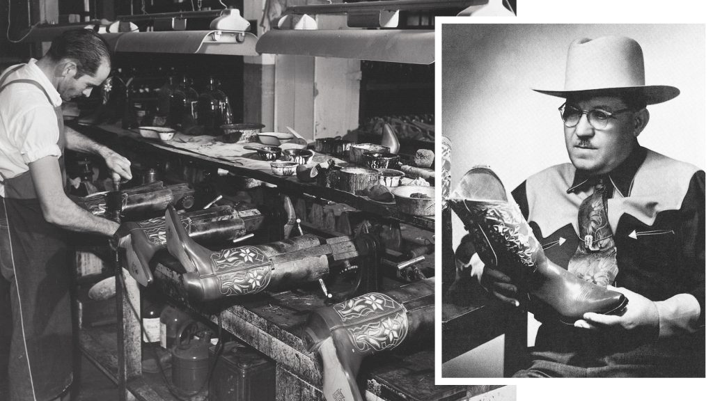Old images of man making cowboy boots for Justin Brands Inc.