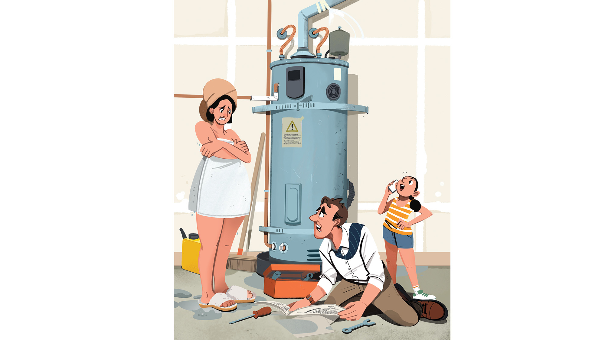 Man trying to fix a water heater with family around.