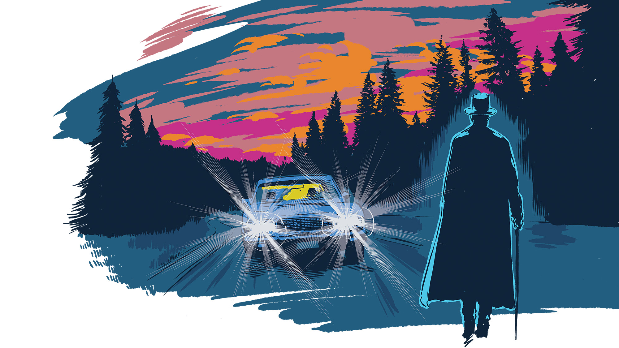 Illustration of a cloaked man with a top hat walking on the road toward a car.