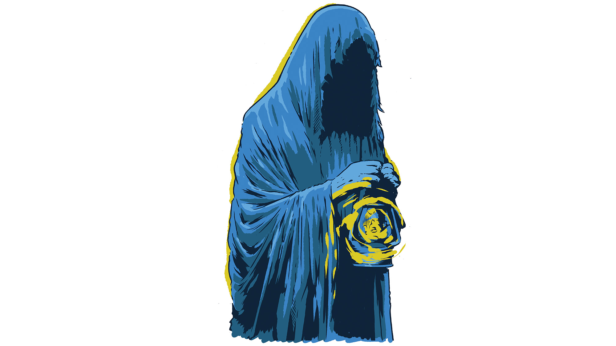 Illustration of a cloaked figure holding a lamp.