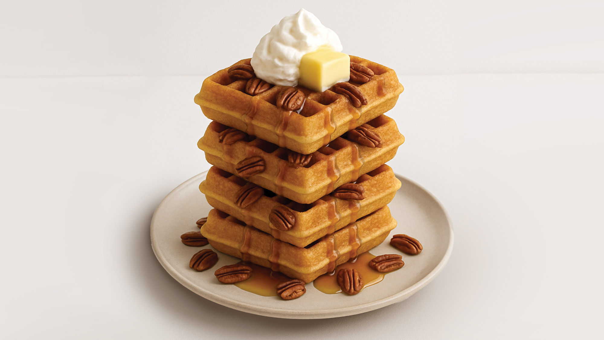 Stack of waffles with syrup, butter, and pecans.