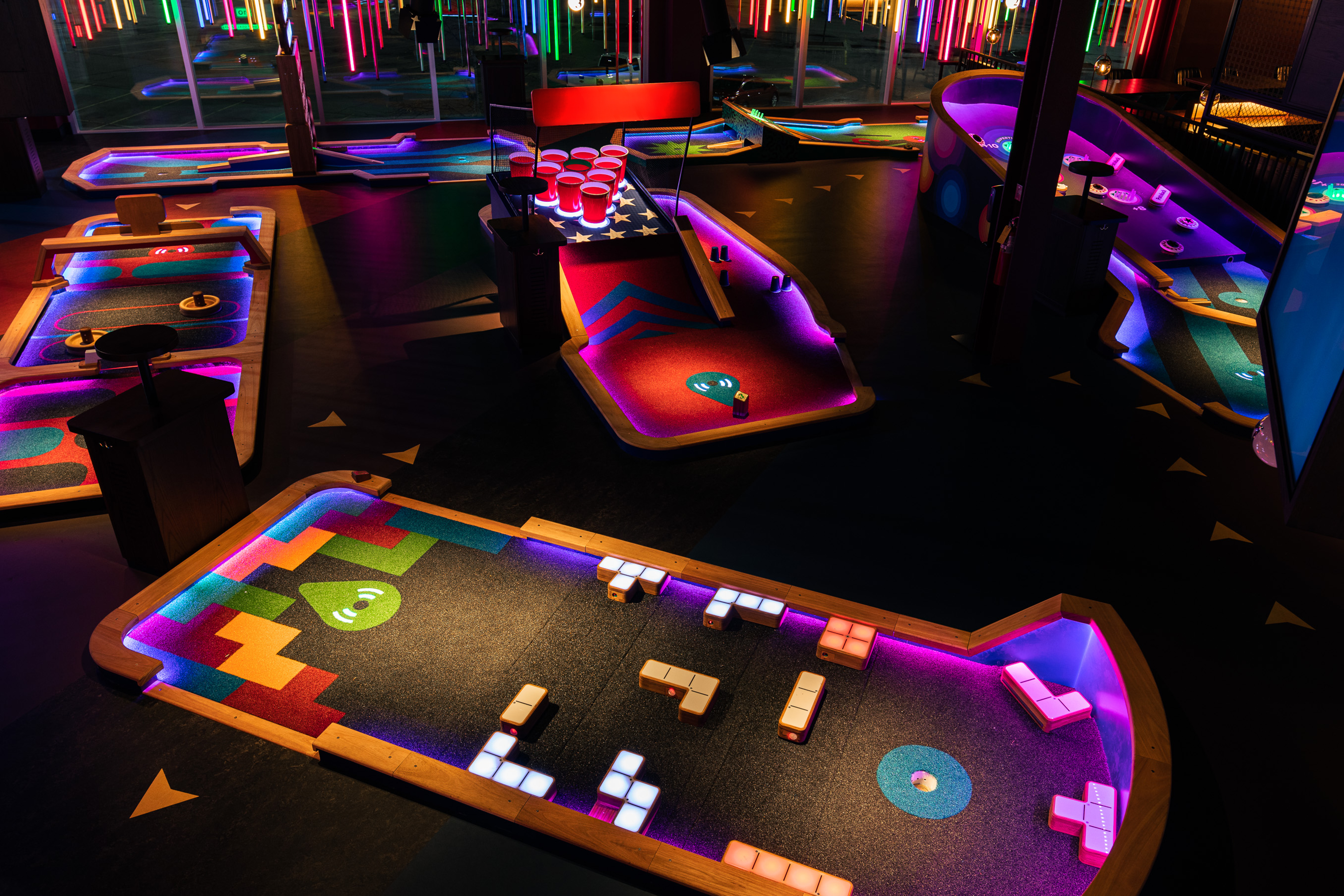 Aerial shot of Puttshack mini golf course.