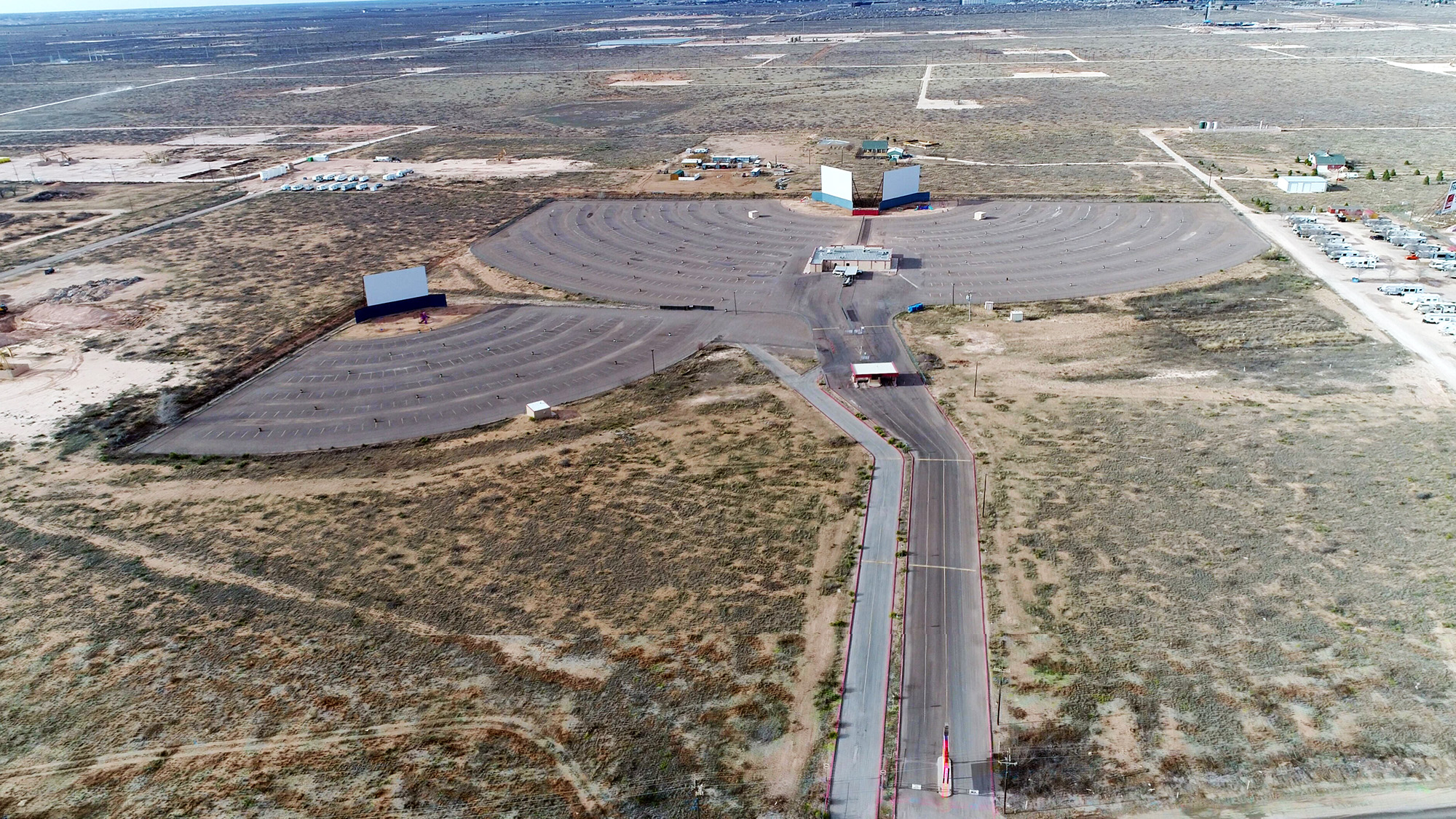 Aerial image of drive-in movie theater.