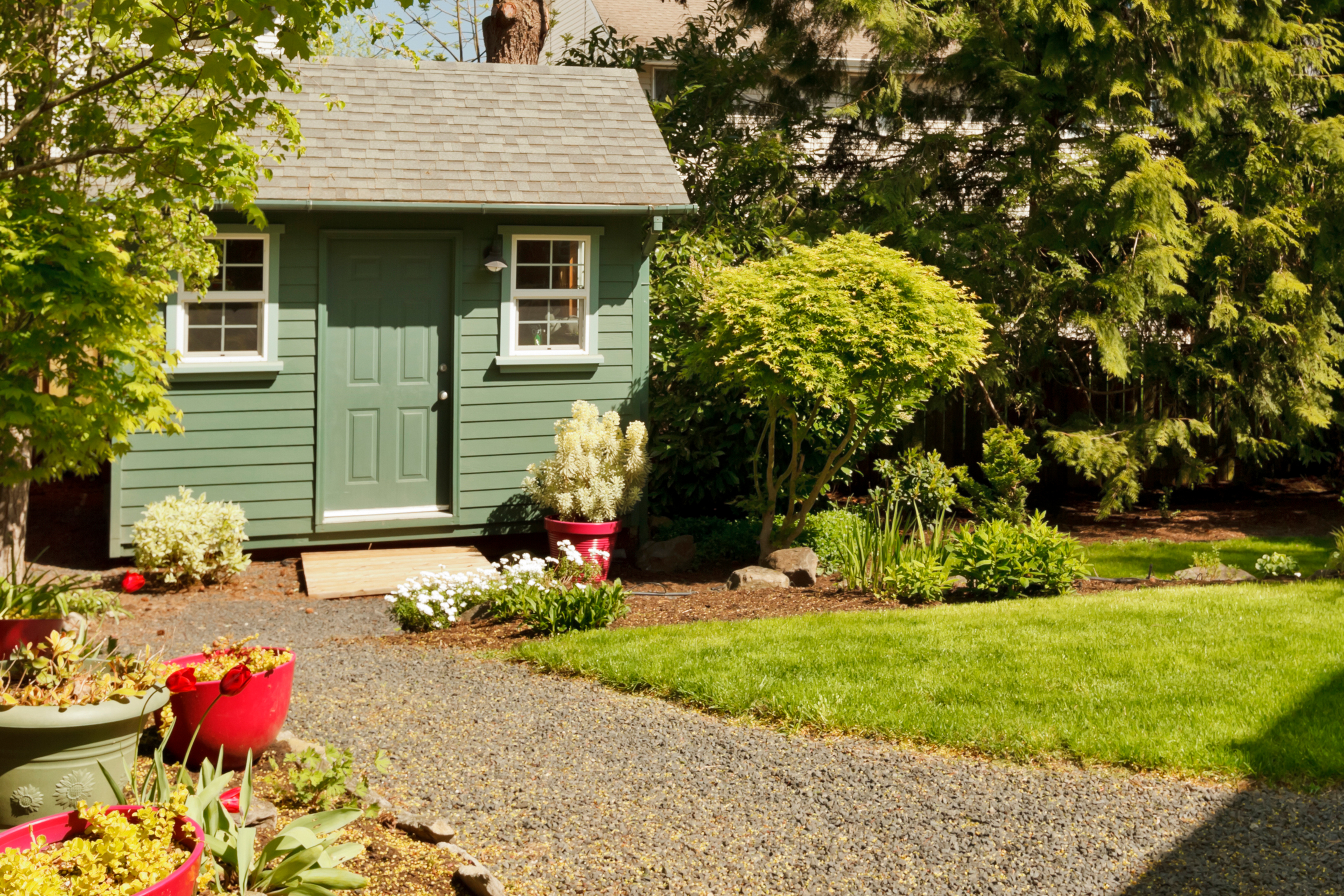 Green backyard shed.