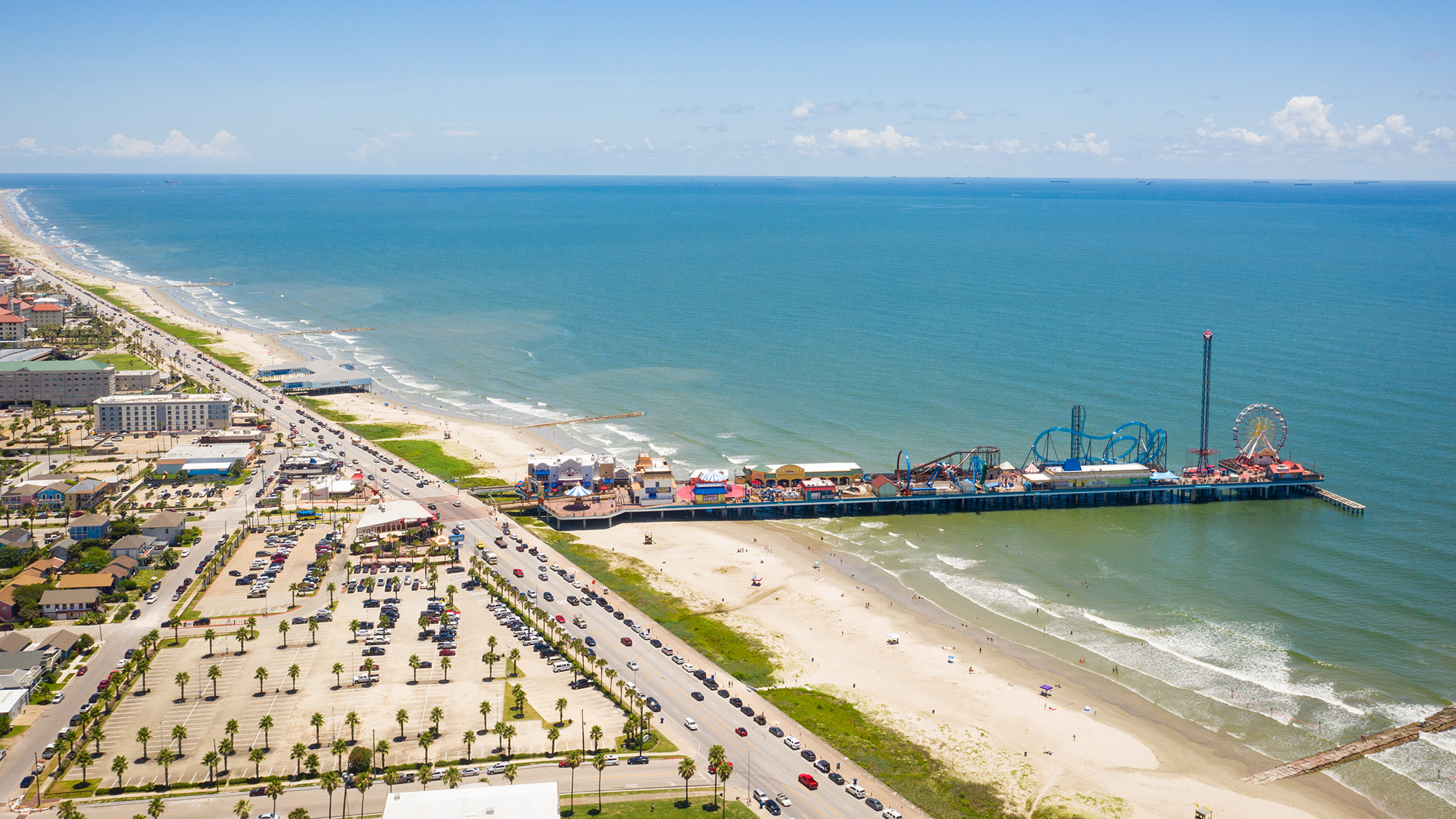 Aerial shot of Galveston and the Gulf.