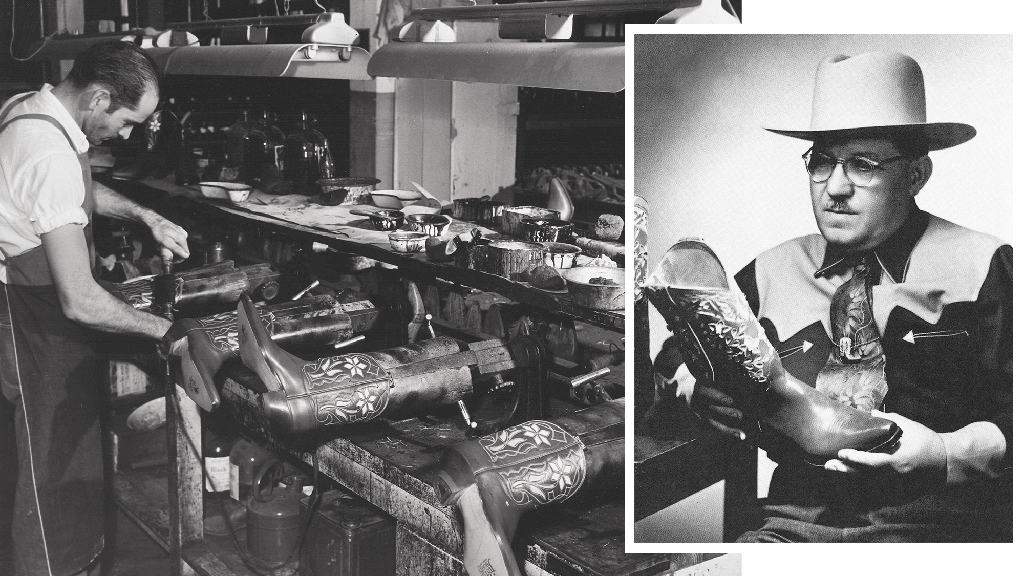 Old images of man making cowboy boots for Justin Brands Inc.