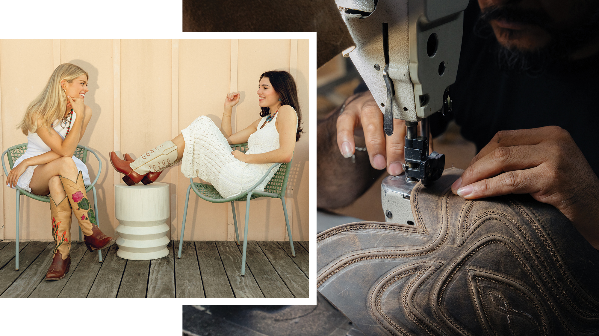 Two girls wearing cowboy boots and someone sewing cowboy boot.