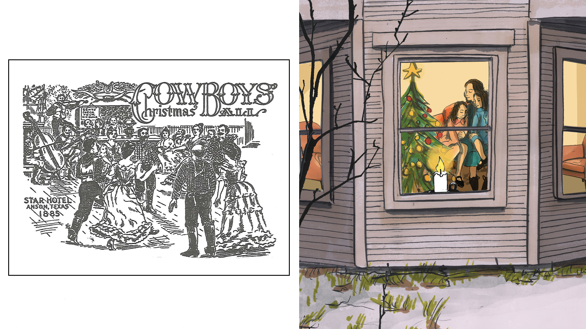 Illustration of people in a home with a Christmas tree.