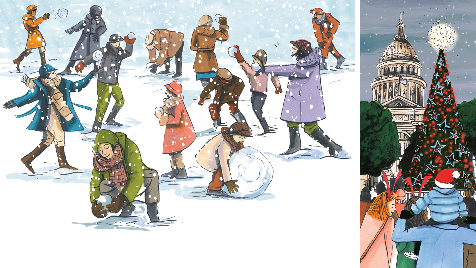 Illustration of people playing in snow and watching tree lighting.