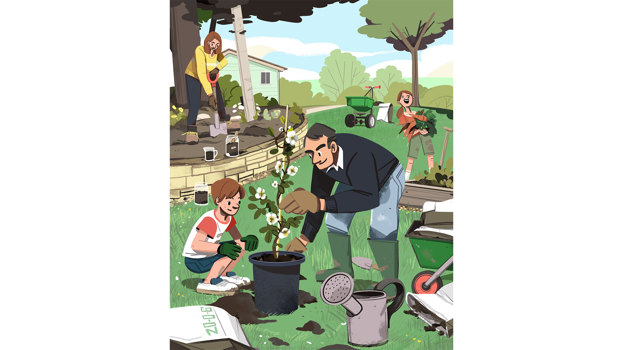 Illustration of man and child gardening.