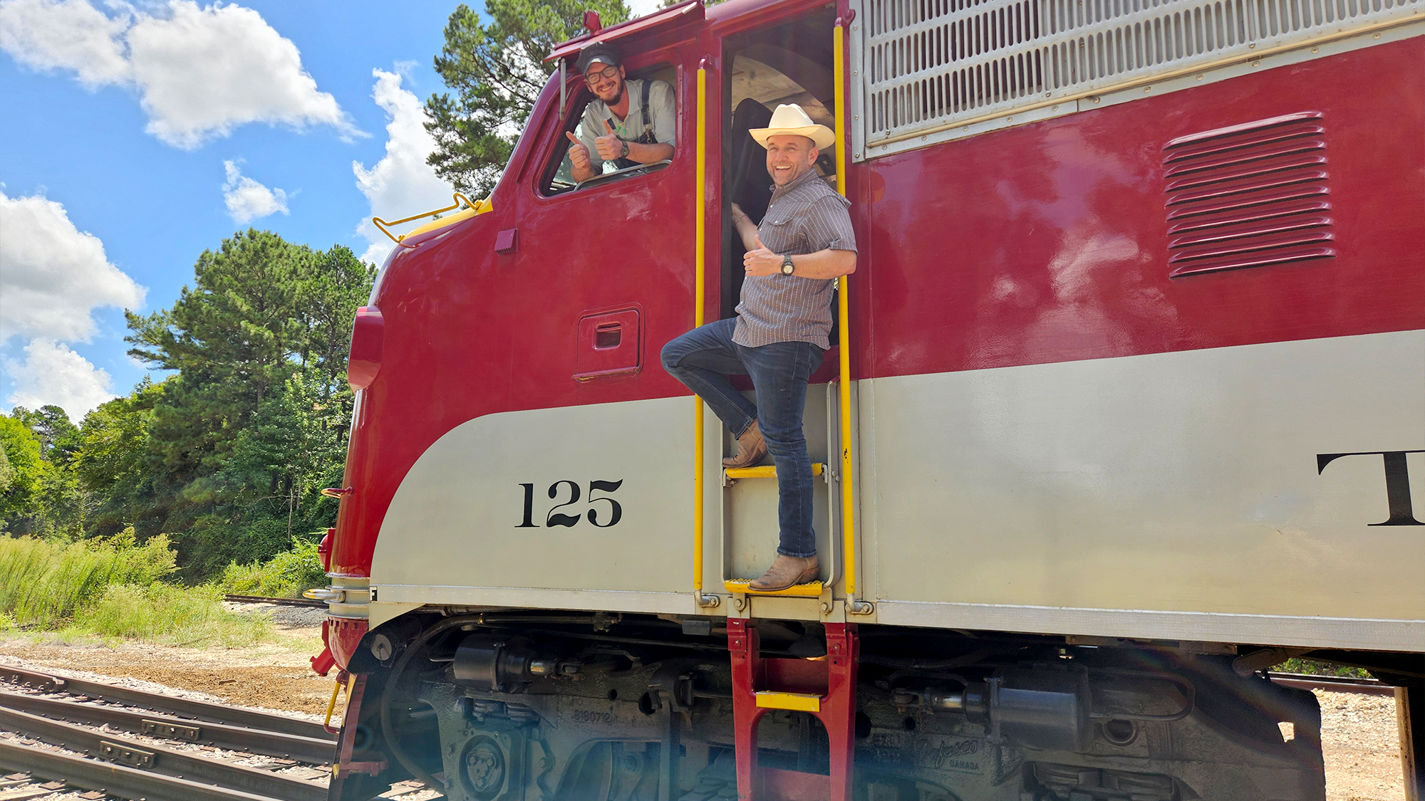 Chet Garner on a train in Rusk.