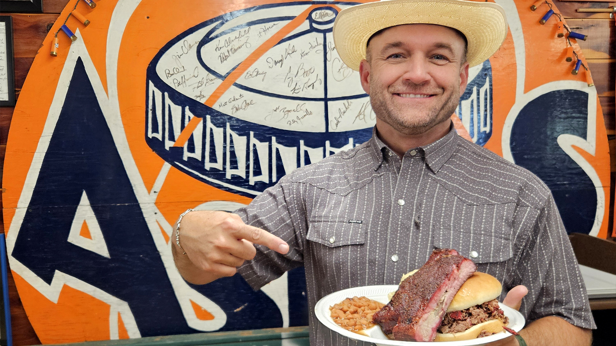 Chet Garner eating barbecue in Rusk.