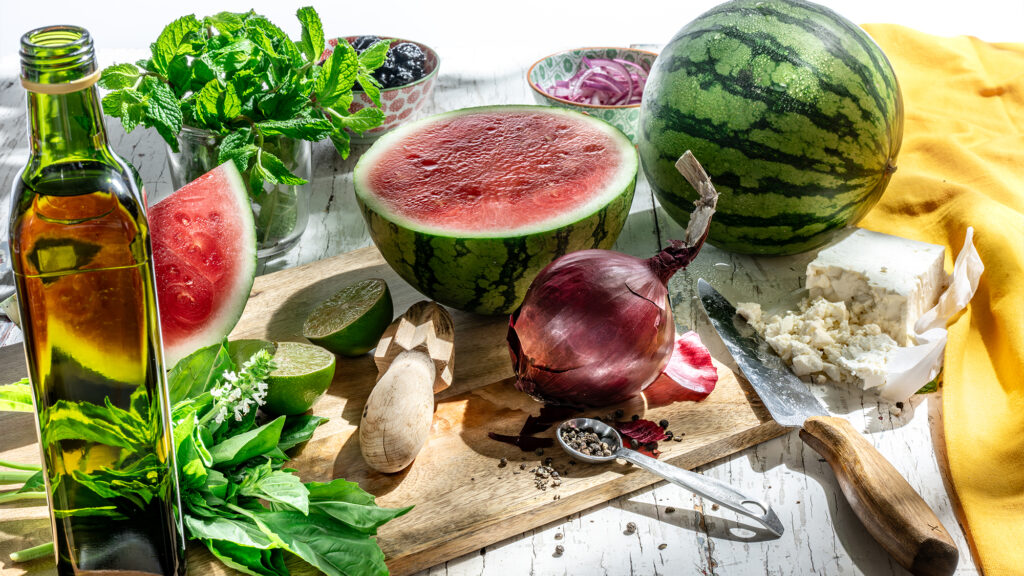 Watermelon salad ingredients.