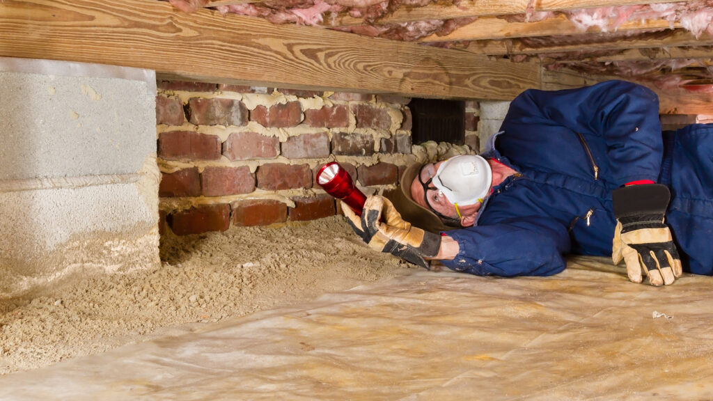 Person inspecting foundation of home.