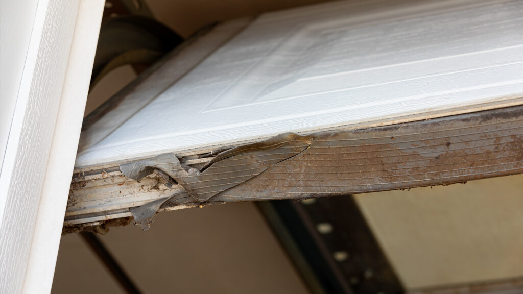 Damaged garage door.