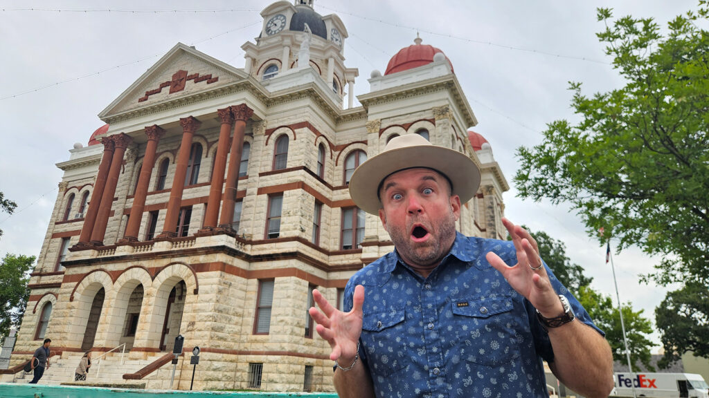 Chet Garner in front of Gatesville courthouse.