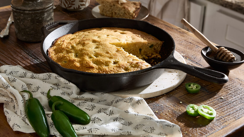 Cornbread in a skillet.