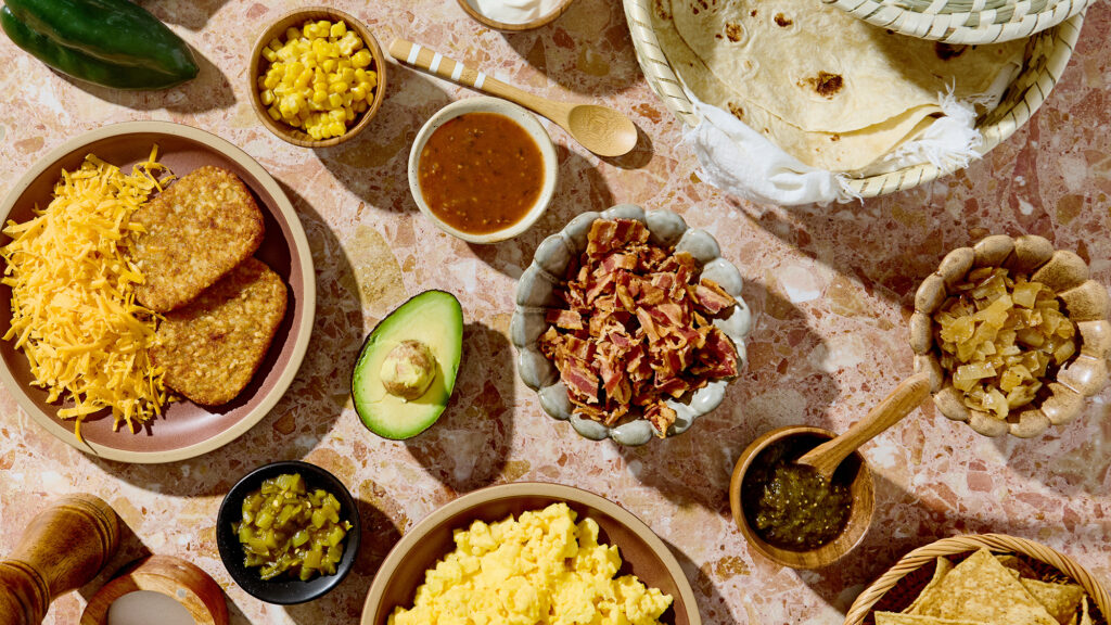 Breakfast burrito ingredients.